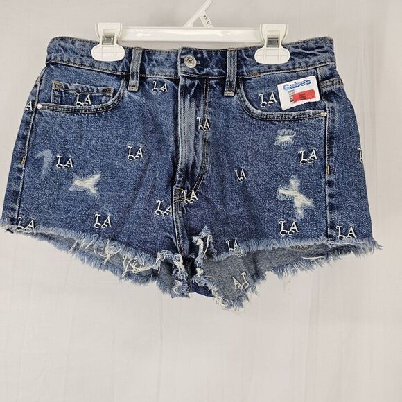 Guess Los Angeles Cut-Off Embroidered L.A. Blue Jean Shorts Women's Size 6 NWT - Picture 1 of 5